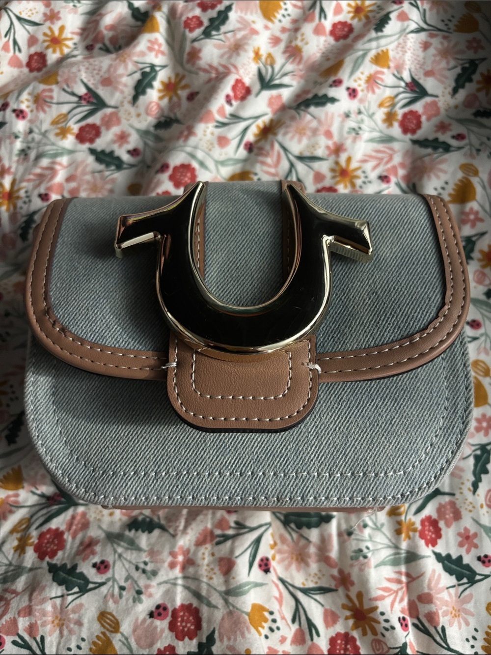 True Religion Light Blue Denim Mini Crossbody with Beige Trim